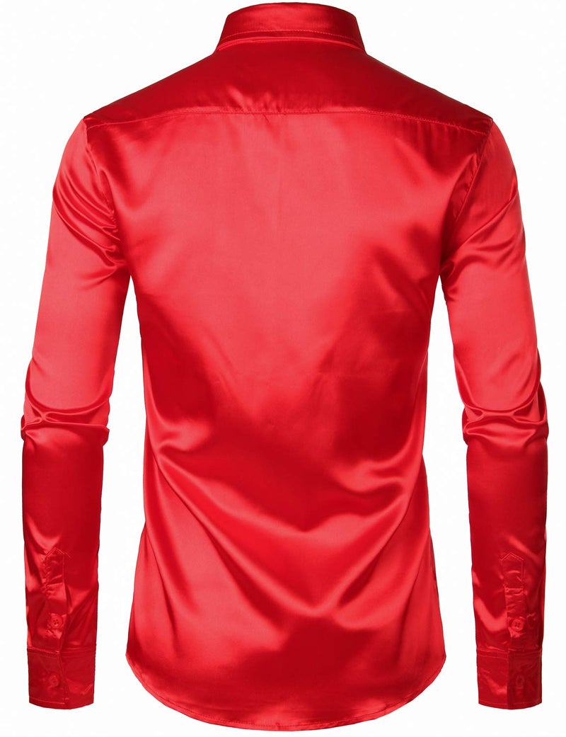 ZEROYAA Men's Luxury Shiny Silk Like Satin Button Up Dress Shirts ZLCL14-Red Small - Image 3